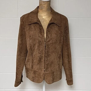 Erin London Zip Front, Very Fine Wale Corduroy Brown Snake Print, Bomber Jacket.